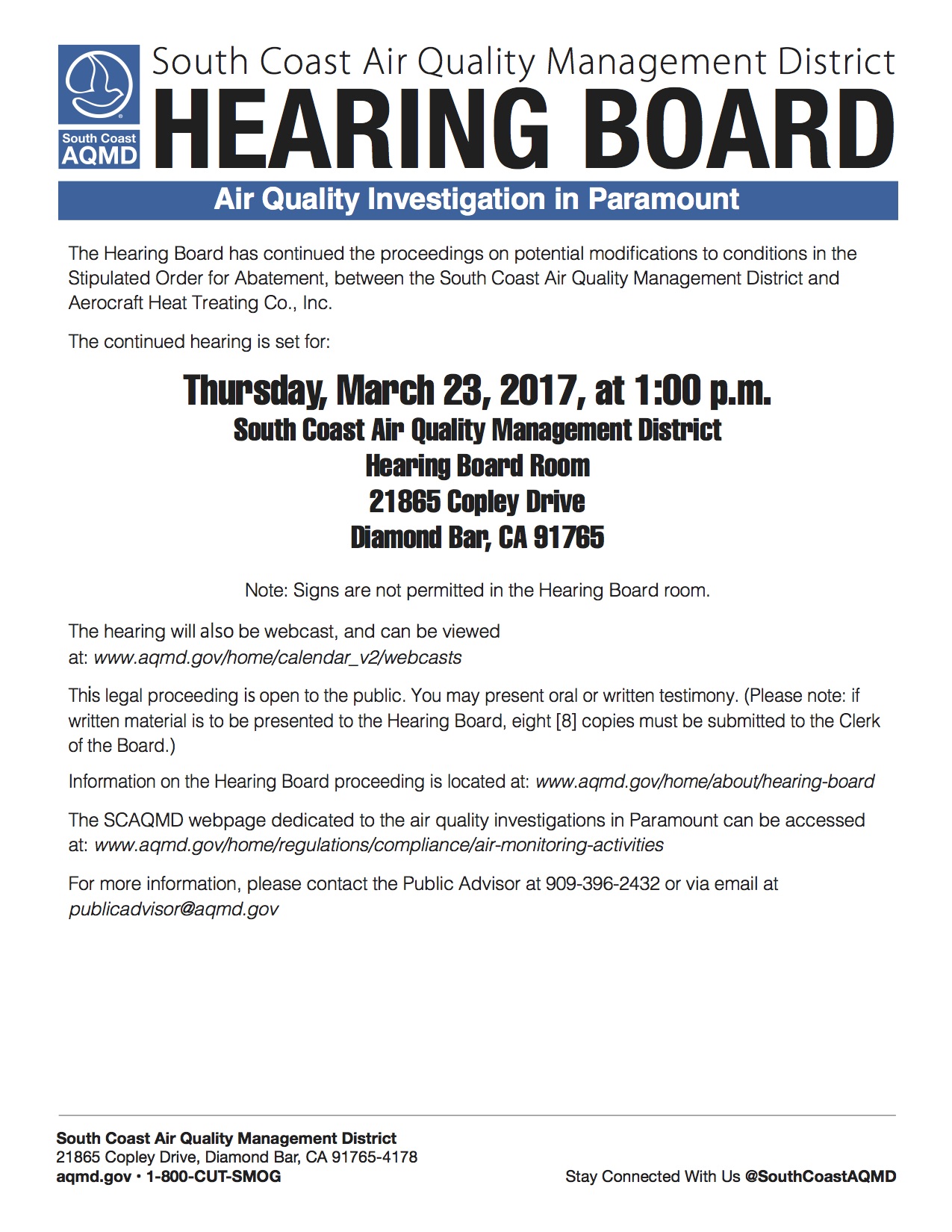 SCAQMD Flyer for Aerocraft Continued Hearing